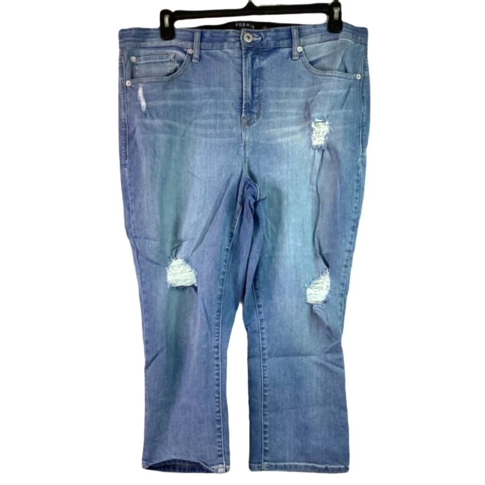 TORRID PLUS SIZE 20 BLUE JEANS SKY HIGH SKINNY CROP PANTS DISTRESSED‎ CAPRI GUC